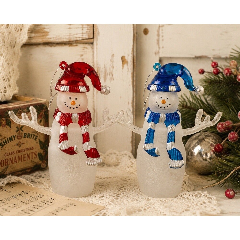Vintage Frosted Glass Snowman Ornament Set Red Blue Hats Blown Glass Pair 4 ½”
